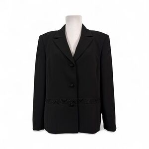 Kasper Women's 16 Suit Blazer Jacket Lined Solid Black Beaded Long Sleeves